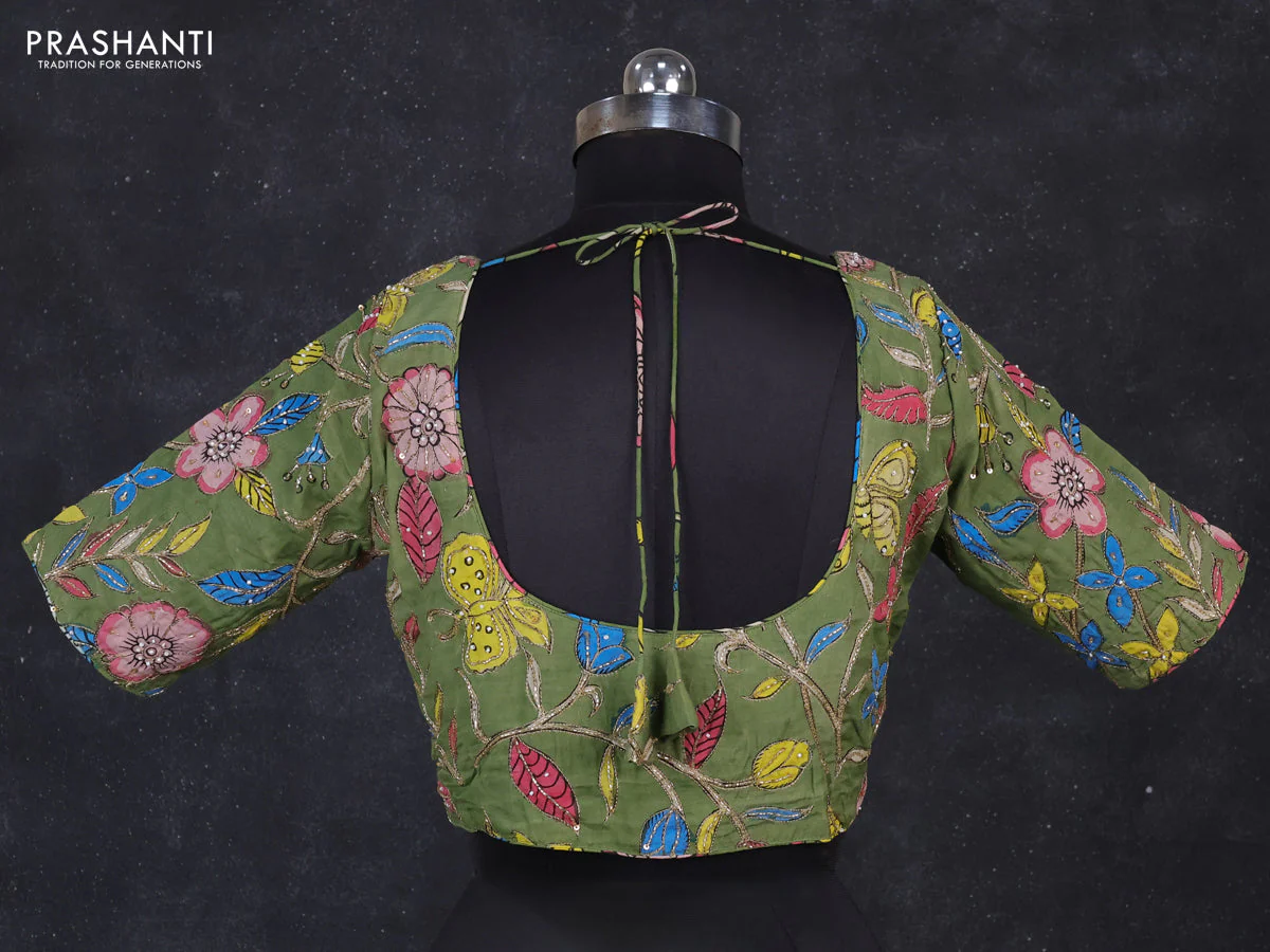 Silk penkalamkari readymade blouse green with allover kalamkari prints & pita work and back knot - Image 2