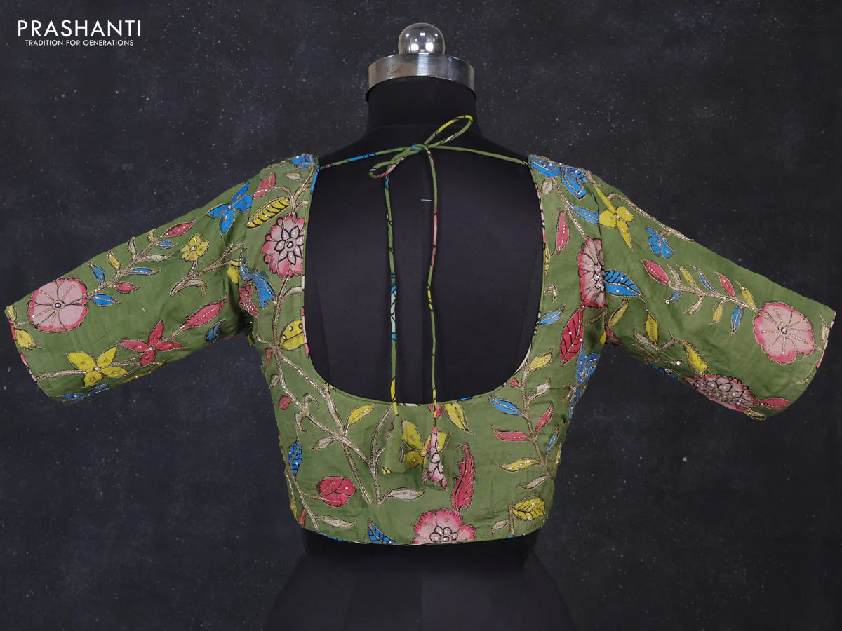 Silk penkalamkari readymade blouse green with allover kalamkari prints & pita work and back knot - Image 2