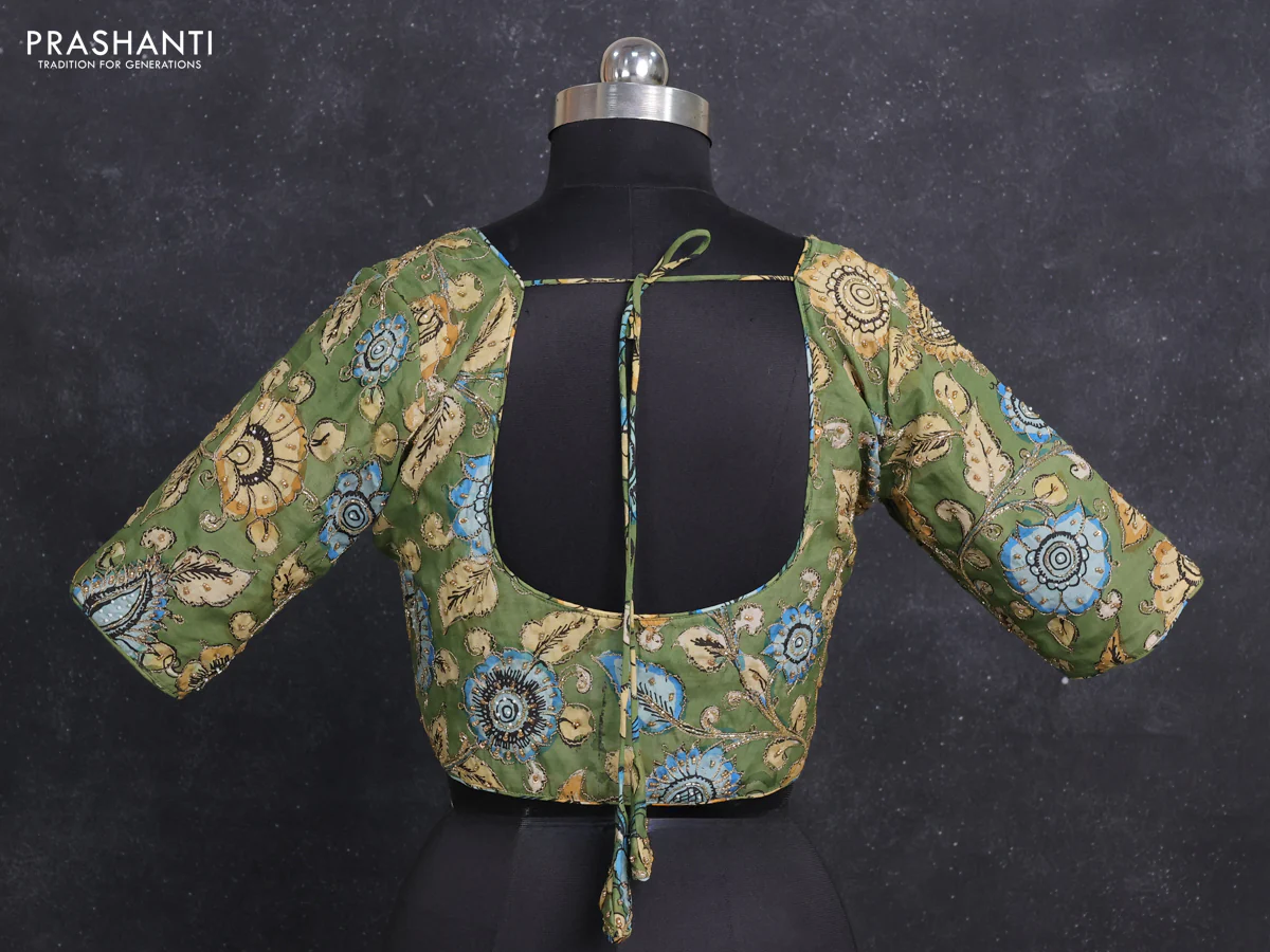 Silk penkalamkari readymade blouse green with allover kalamkari prints & pita work and back knot - Image 2