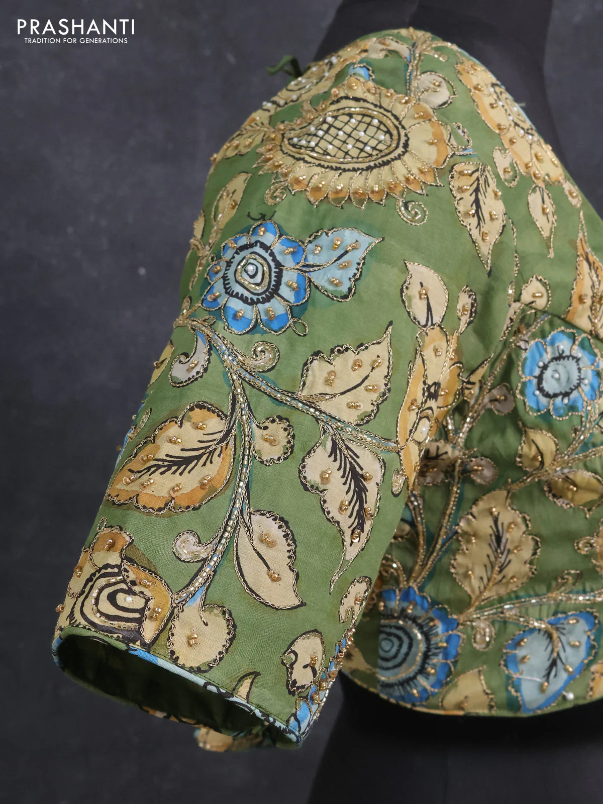 Silk penkalamkari readymade blouse green with allover kalamkari prints & pita work and back knot - Image 3
