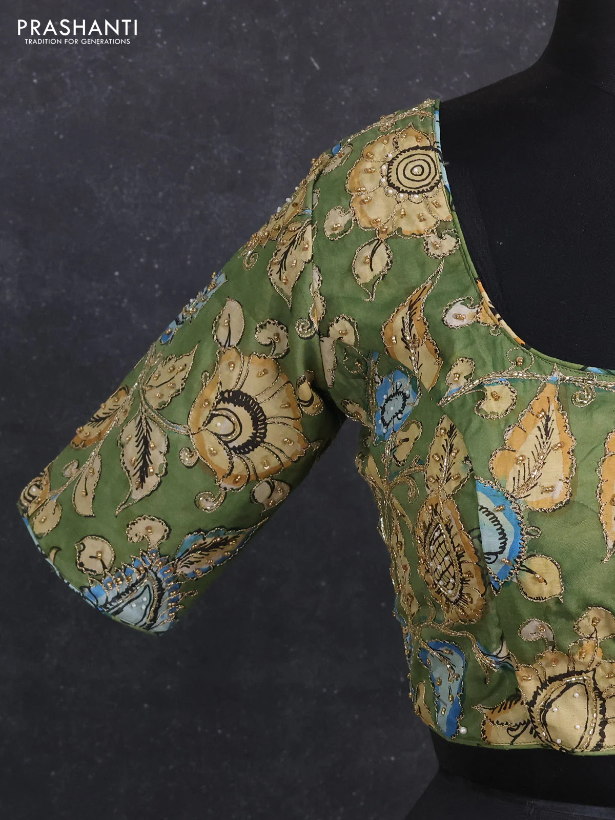 Silk penkalamkari readymade blouse green with allover kalamkari prints & pita work and back knot - Image 4