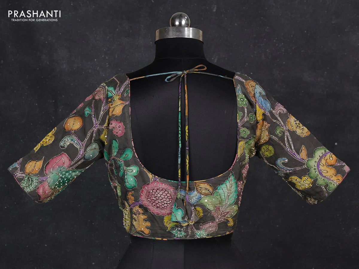 Silk penkalamkari readymade blouse grey shade with allover kalamkari prints & pita work and back knot - Image 2