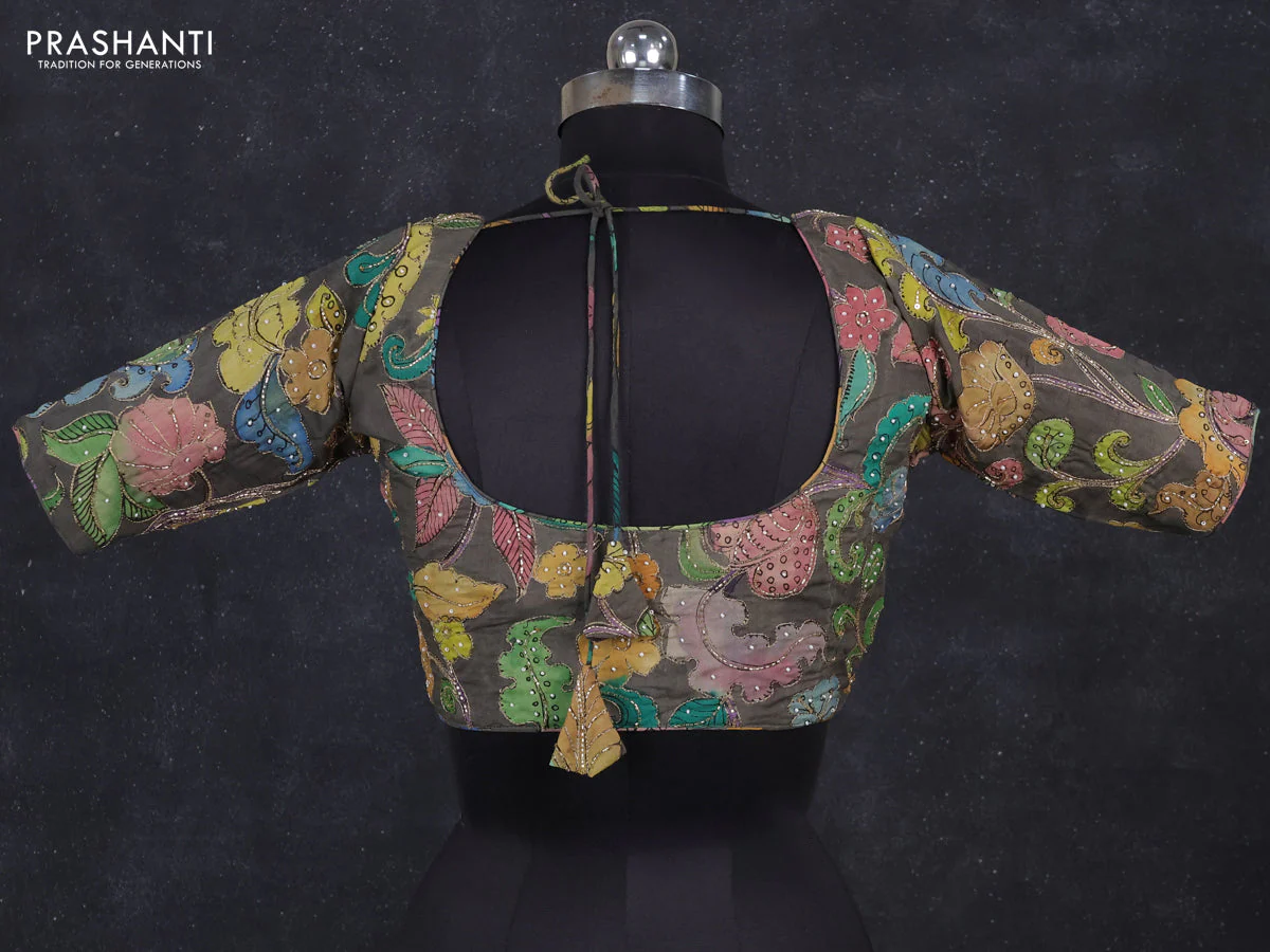 Silk penkalamkari readymade blouse grey with allover kalamkari prints & pita work and back knot - Image 2