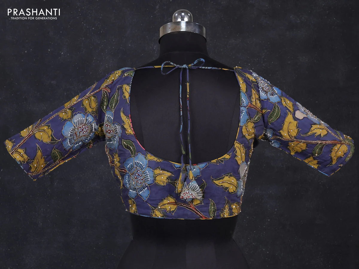 Silk penkalamkari readymade blouse greyish blue with allover kalamkari prints & pita work and back knot - Image 2