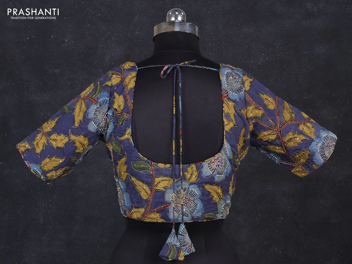 Silk penkalamkari readymade blouse greyish blue with allover kalamkari prints & pita work and back knot - Image 2