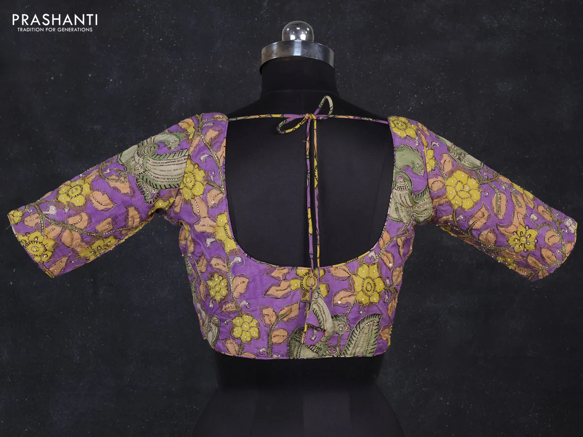 Silk penkalamkari readymade blouse lavender with allover kalamkari prints & pita work and back knot - Image 2