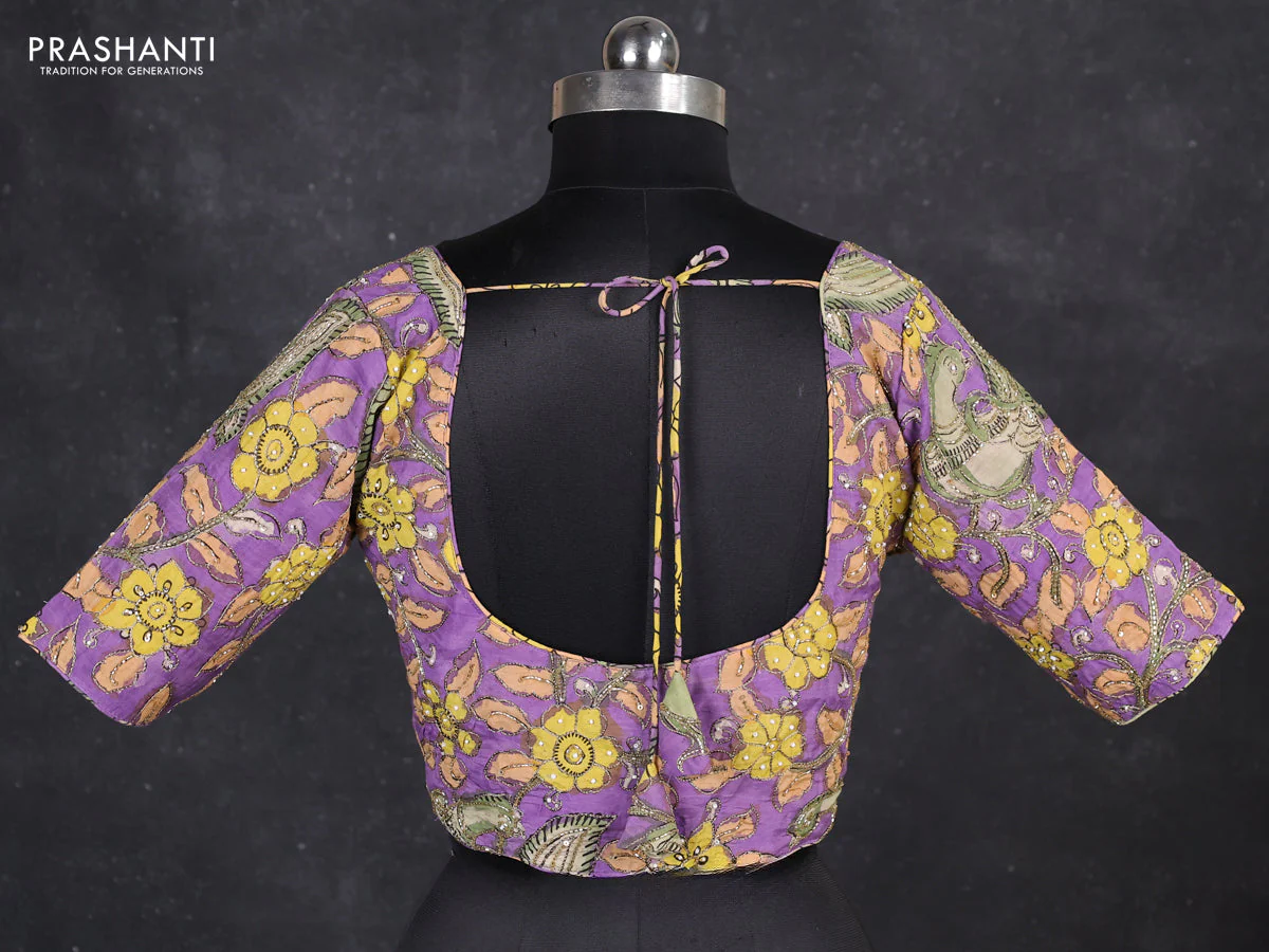 Silk penkalamkari readymade blouse lavender with allover kalamkari prints & pita work and back knot - Image 2