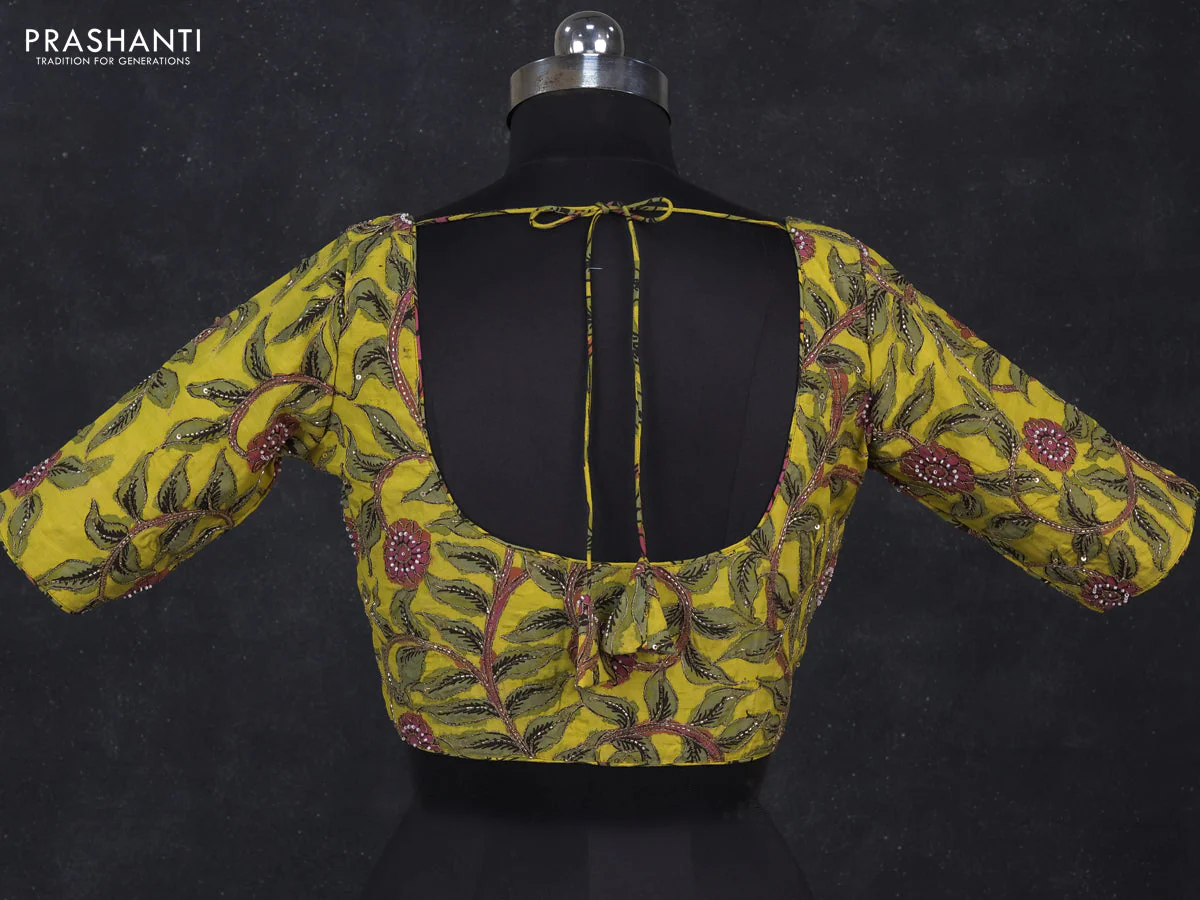 Silk penkalamkari readymade blouse lime yellow with allover kalamkari prints & pita work and back knot - Image 2