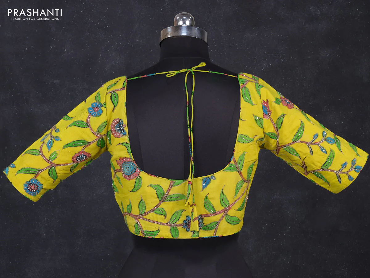 Silk penkalamkari readymade blouse lime yellow with allover kalamkari prints & pita work and back knot - Image 2
