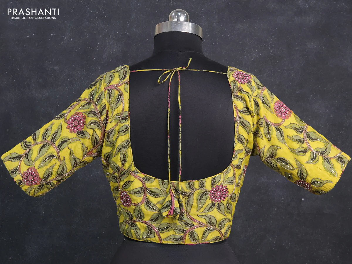 Silk penkalamkari readymade blouse lime yellow with allover kalamkari prints & pita work and back knot - Image 2