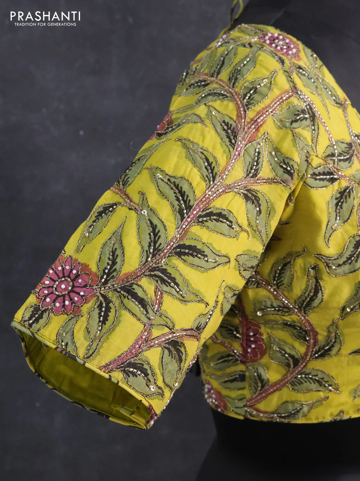 Silk penkalamkari readymade blouse lime yellow with allover kalamkari prints & pita work and back knot - Image 3