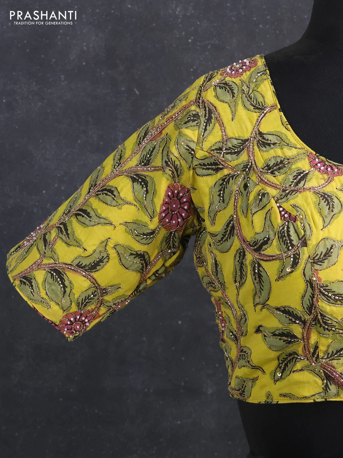 Silk penkalamkari readymade blouse lime yellow with allover kalamkari prints & pita work and back knot - Image 4