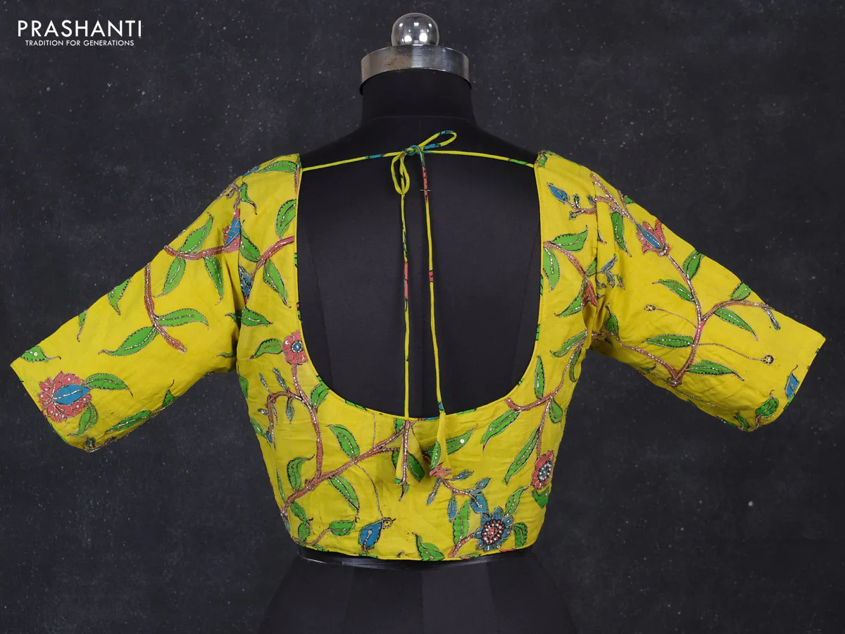 Silk penkalamkari readymade blouse lime yellow with allover kalamkari prints & pita work and back knot - Image 2