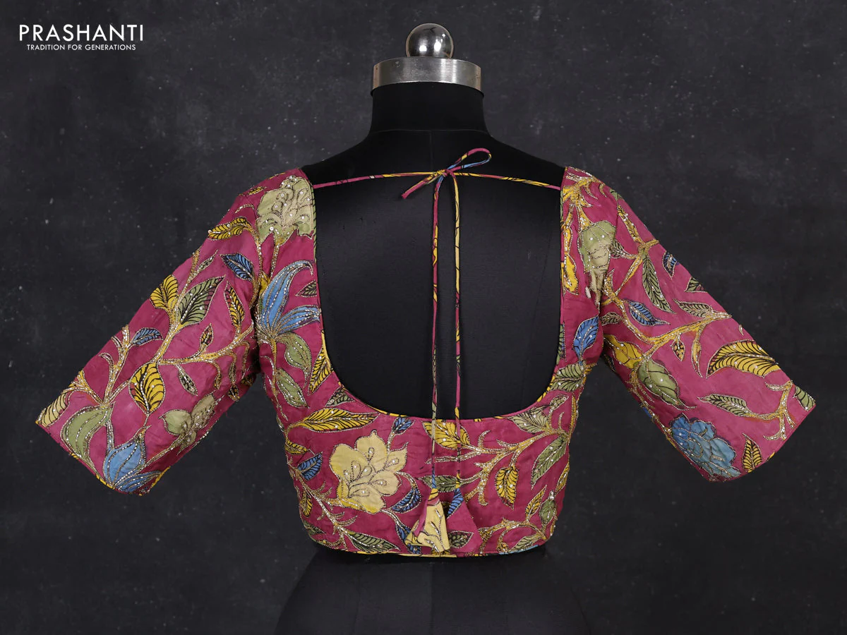 Silk penkalamkari readymade blouse maroon shade with allover kalamkari prints & pita work and back knot - Image 2