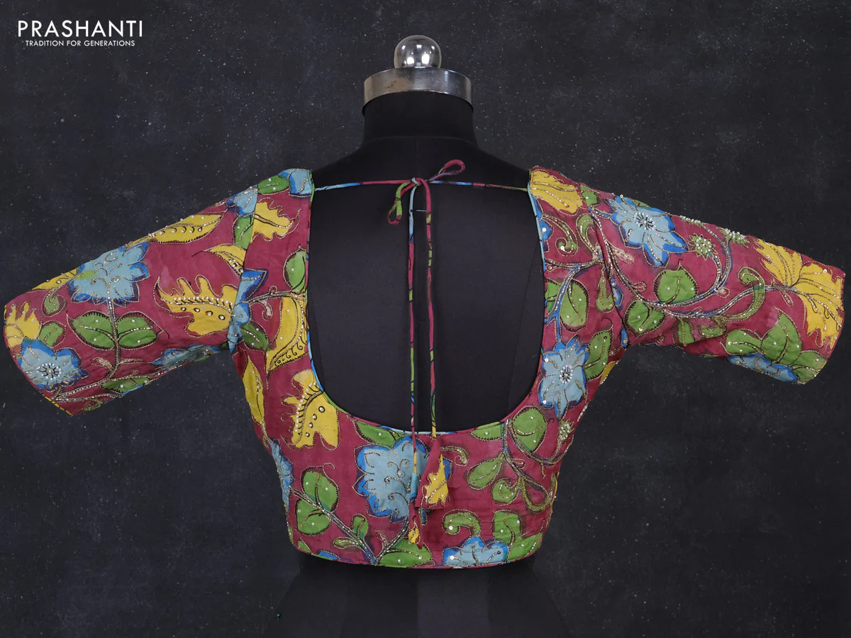 Silk penkalamkari readymade blouse maroon shade with allover kalamkari prints & pita work and back knot - Image 2