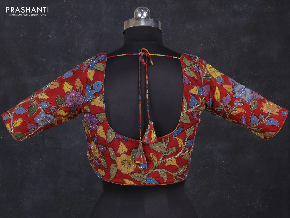 Silk penkalamkari readymade blouse maroon with allover kalamkari prints & pita work and back knot - Image 2