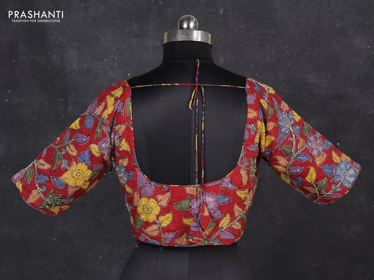 Silk penkalamkari readymade blouse maroon with allover kalamkari prints & pita work and back knot - Image 2