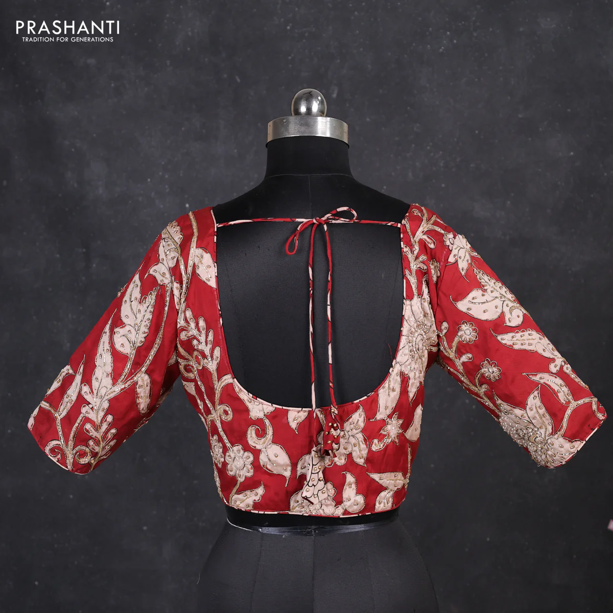 Silk penkalamkari readymade blouse maroon with allover kalamkari prints & pita work and back knot - Image 2