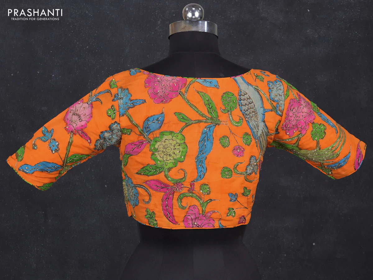 Silk penkalamkari readymade blouse orange with allover kalamkari prints & pita work - Image 2