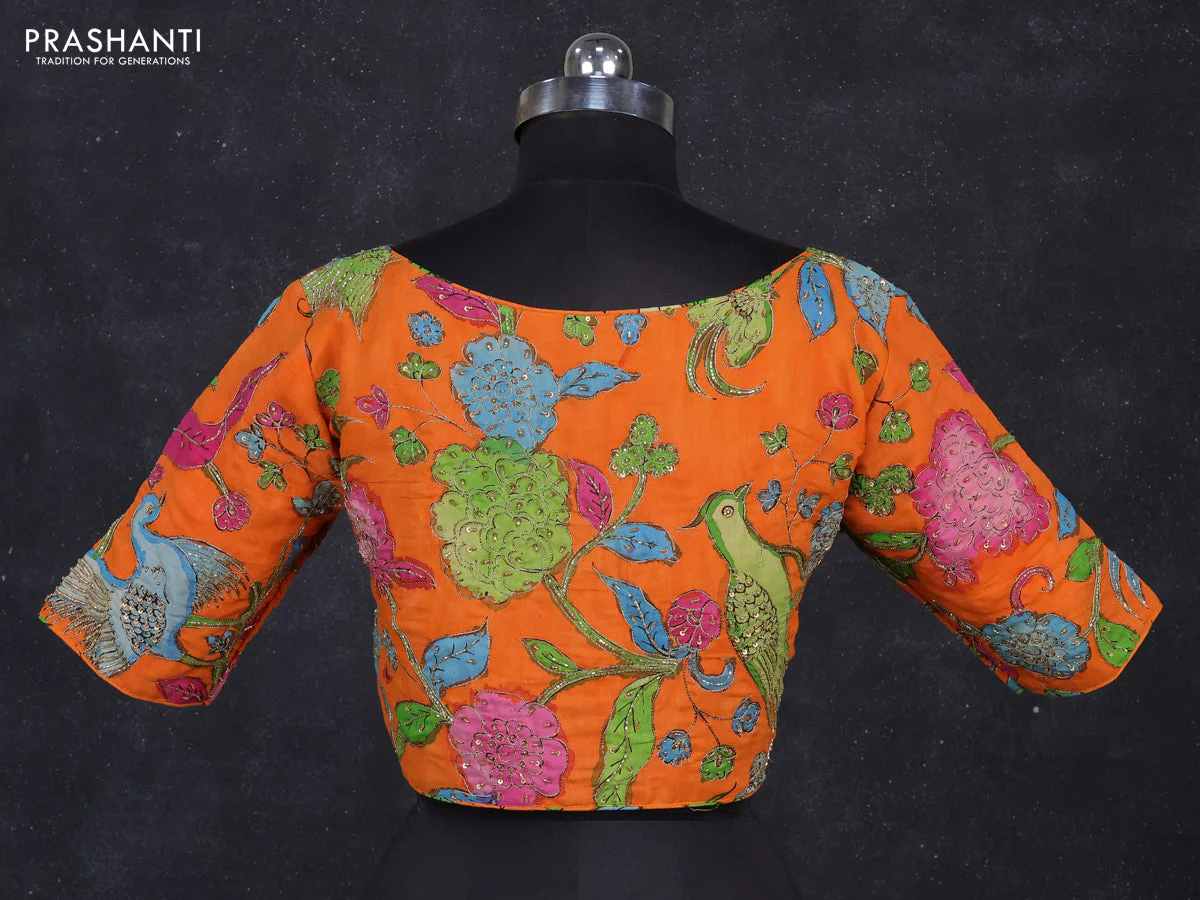Silk penkalamkari readymade blouse orange with allover kalamkari prints & pita work - Image 2