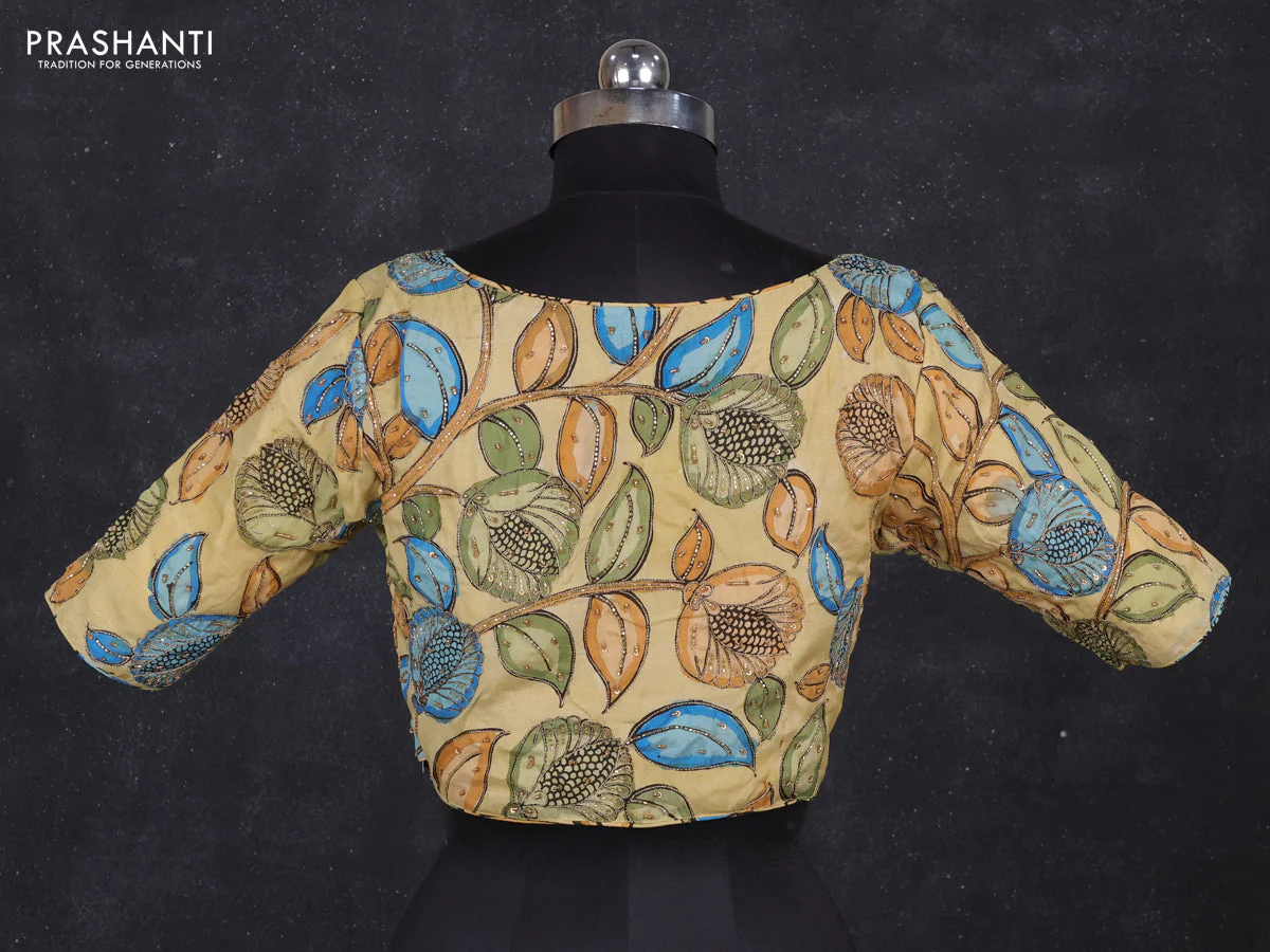 Silk penkalamkari readymade blouse pale yellow with allover kalamkari prints & pita work - Image 2
