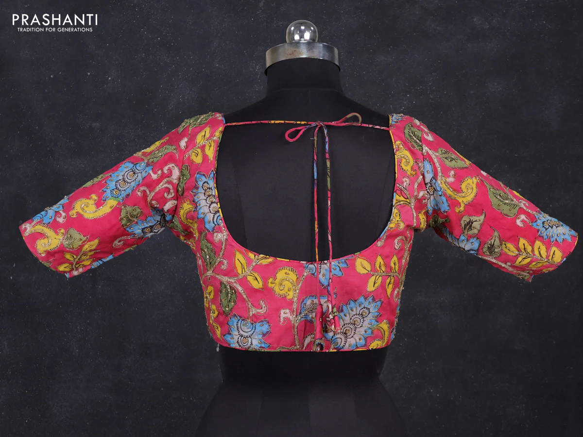 Silk penkalamkari readymade blouse pink with allover kalamkari prints & pita work and back knot - Image 2