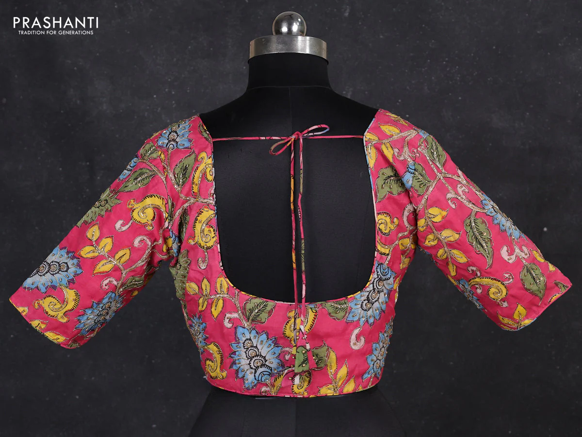 Silk penkalamkari readymade blouse pink with allover kalamkari prints & pita work and back knot - Image 2