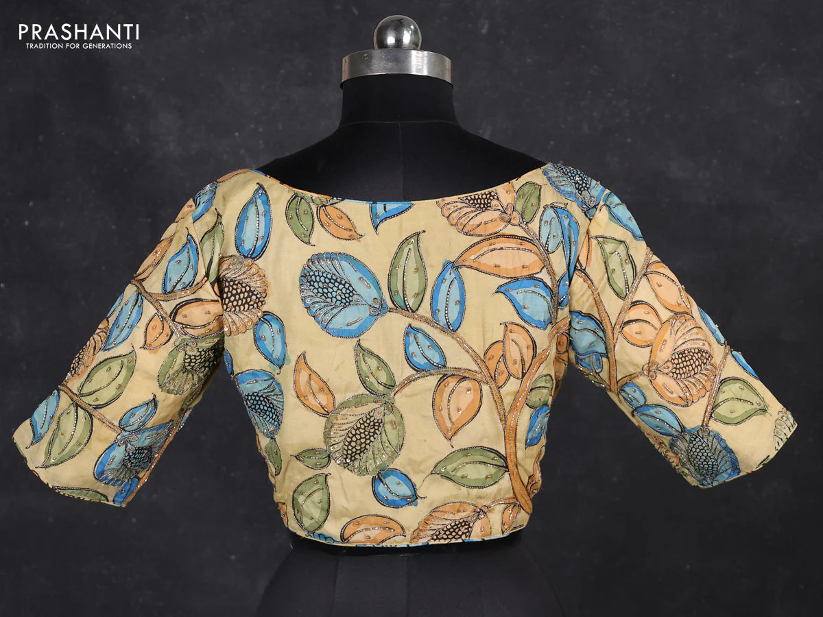 Silk penkalamkari readymade blouse sandal with allover kalamkari prints & pita work and back knot - Image 2