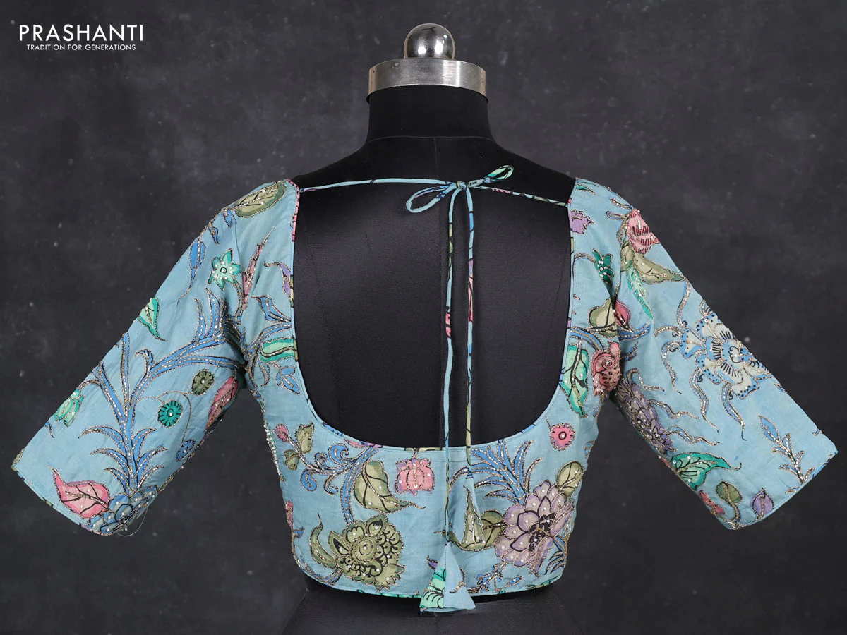 Silk penkalamkari readymade blouse teal blue with allover kalamkari prints & pita work and back knot - Image 2
