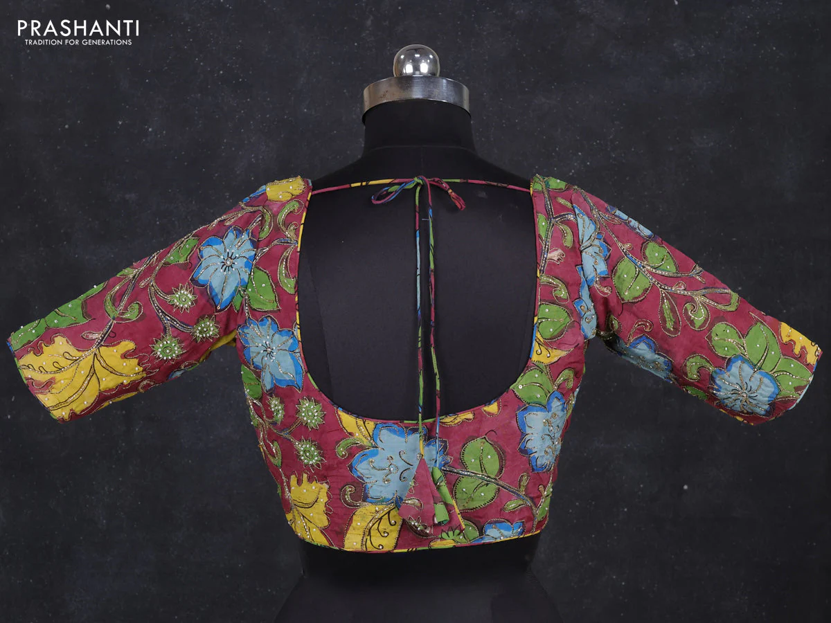 Silk penkalamkari readymade blouse wine shade with allover kalamkari prints & pita work and back knot - Image 2