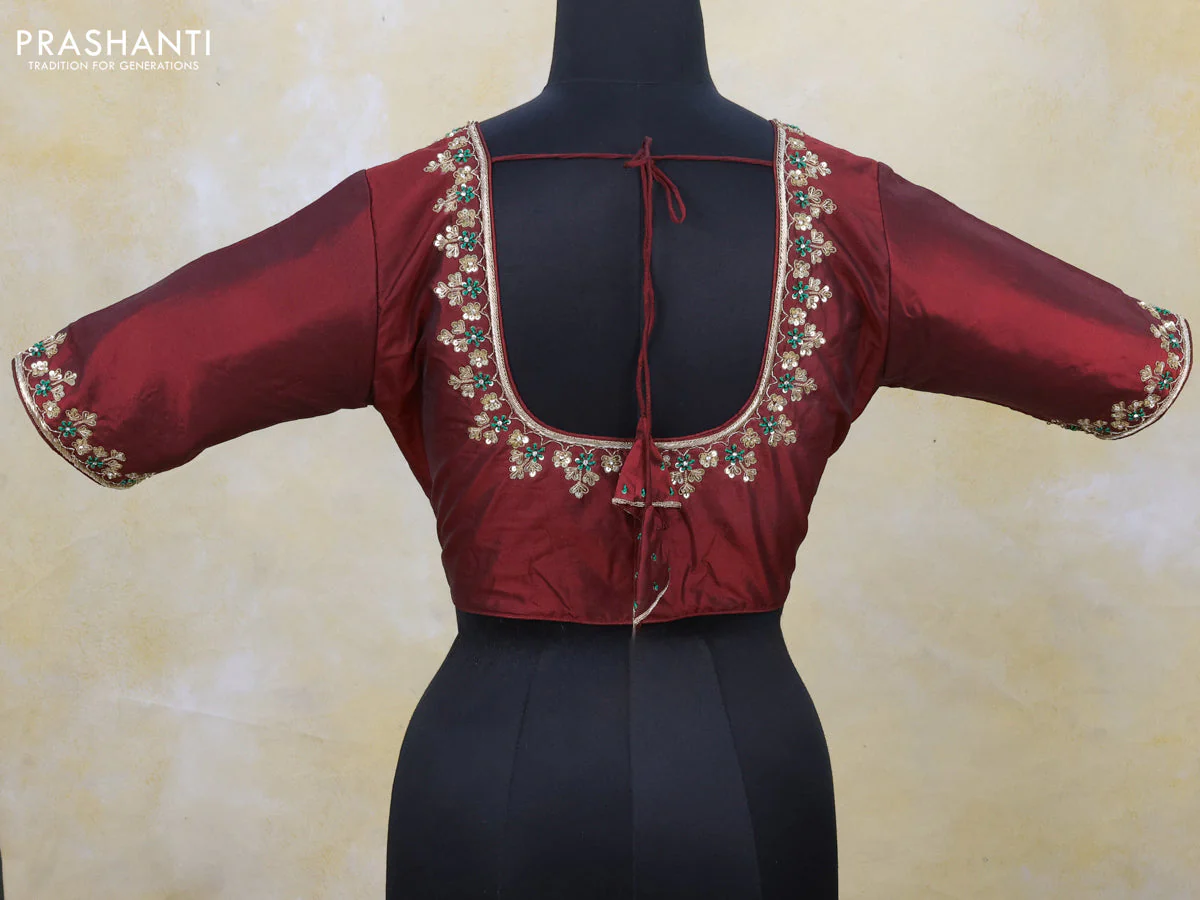 Silk readymade blouse maroon with zardosi work and back knot - Image 2