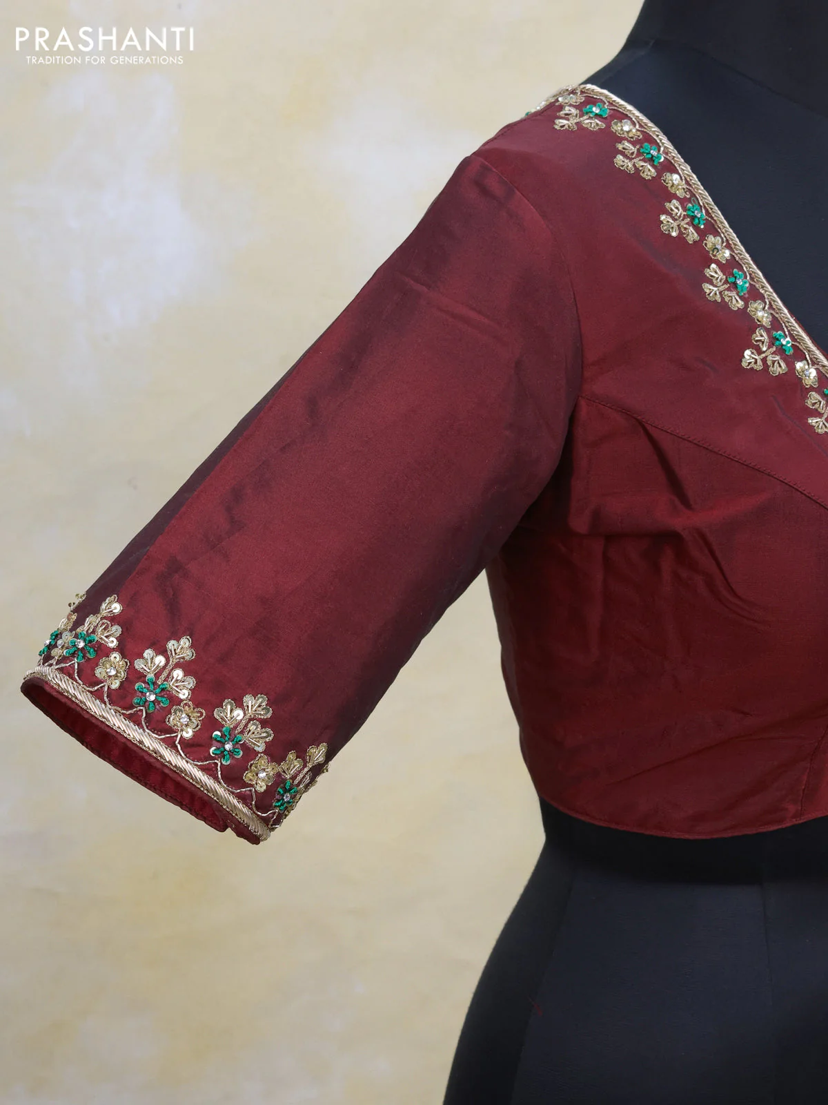 Silk readymade blouse maroon with zardosi work and back knot - Image 3