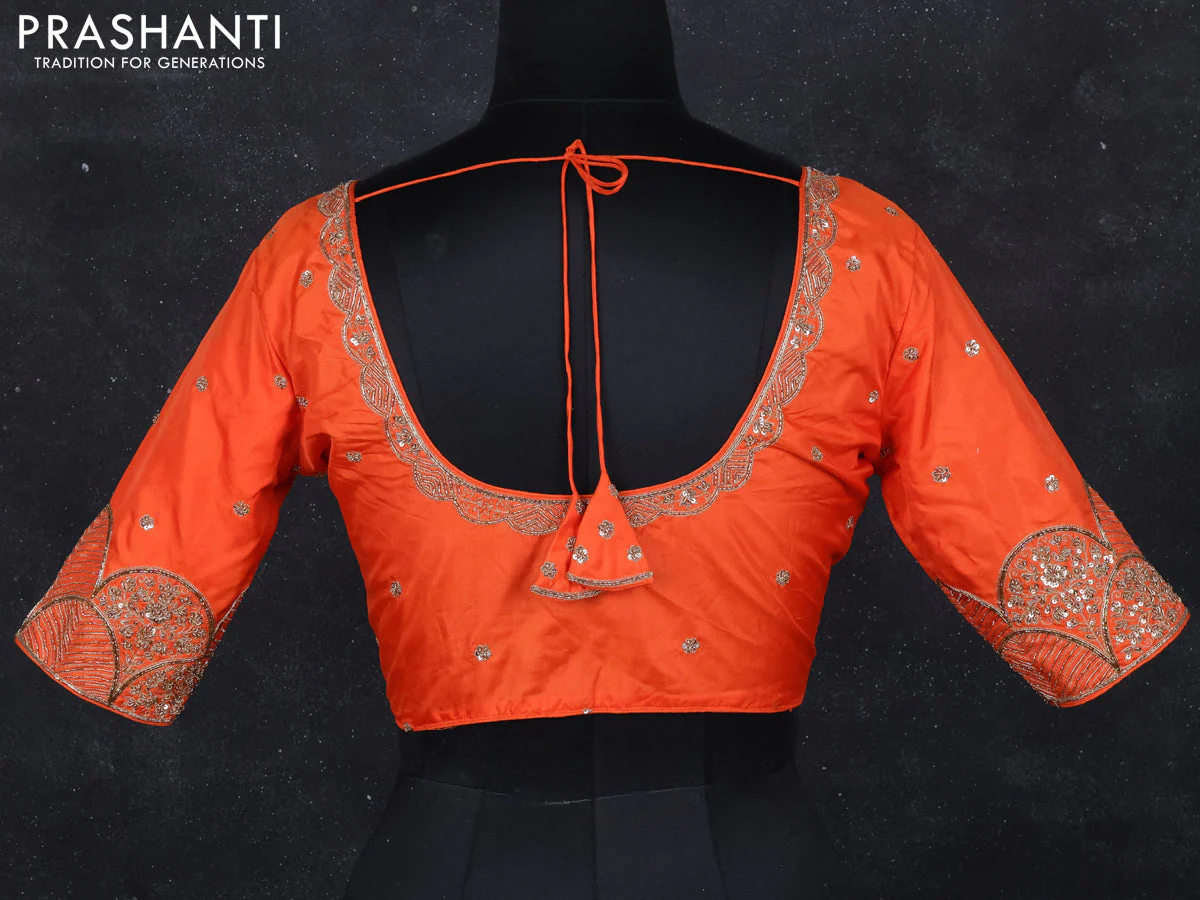 Silk readymade blouse orange with aari work with back knot - Image 2