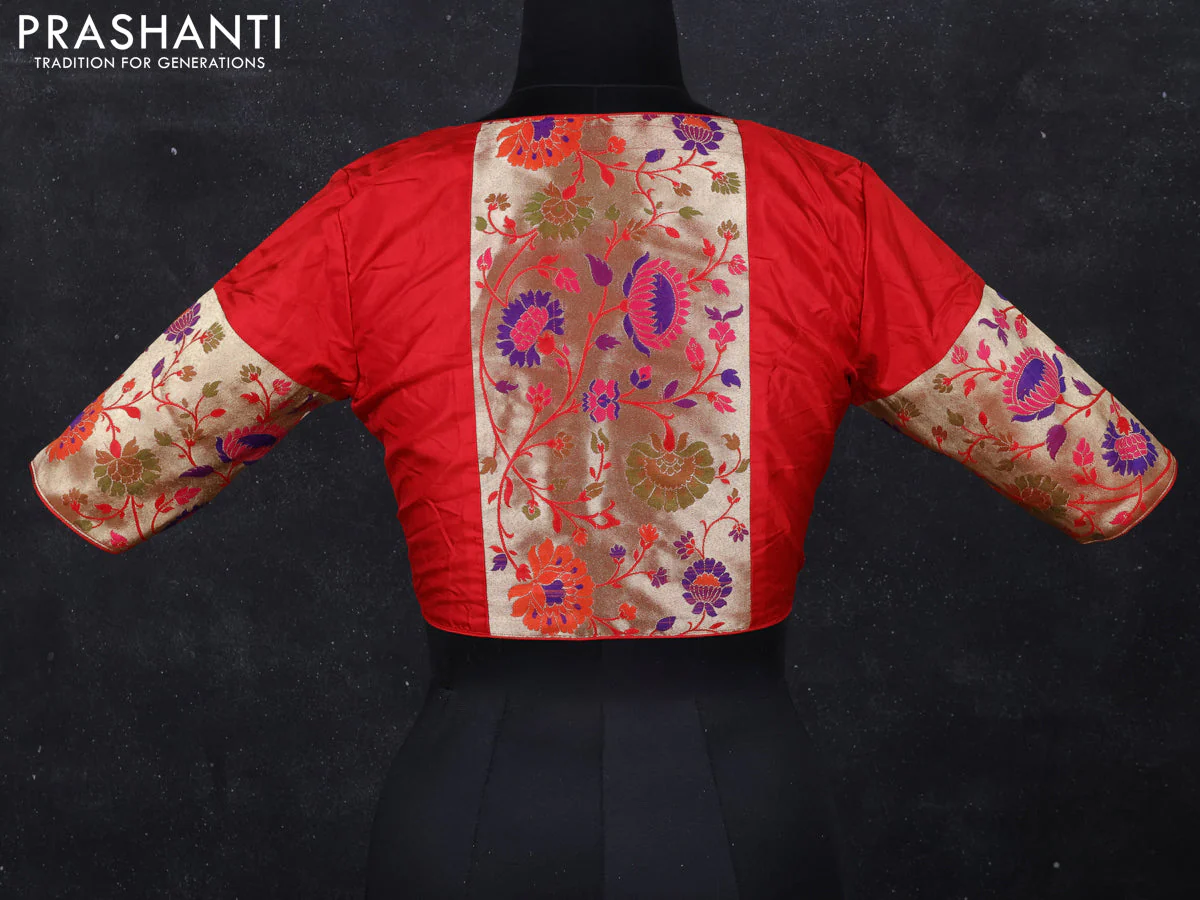 Silk readymade blouse red with paithani patch work - Image 2