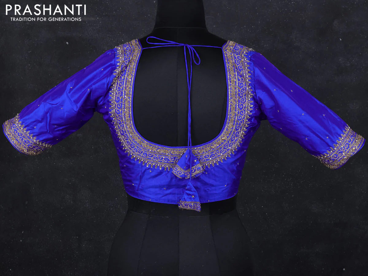 Silk readymade blouse royal blue with aari work with back knot - Image 2