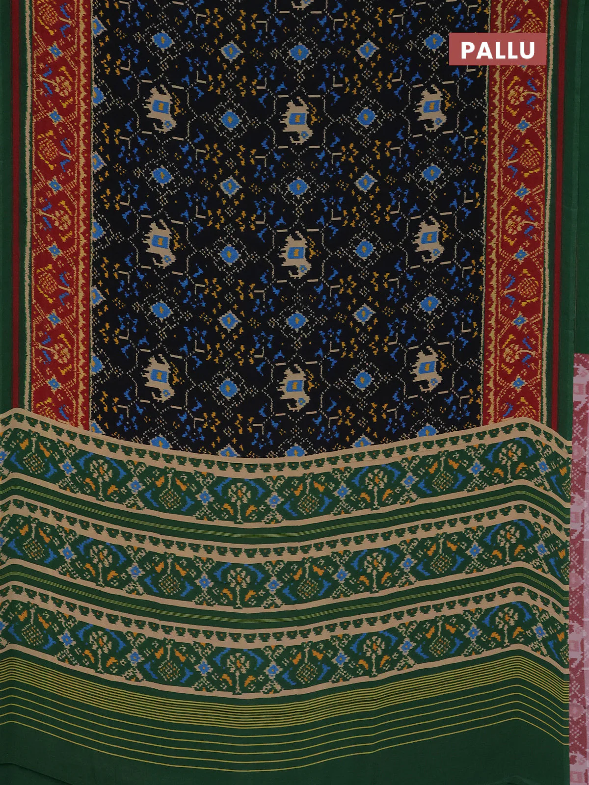 Semi crepe saree black and green with allover ikat prints and printed border - Image 3