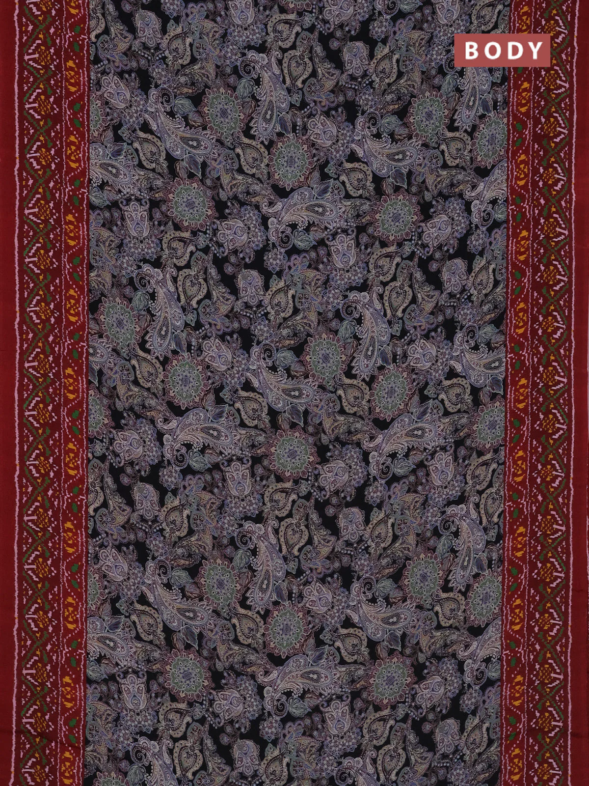 Semi crepe saree black and maroon with allover prints and printed border - Image 2