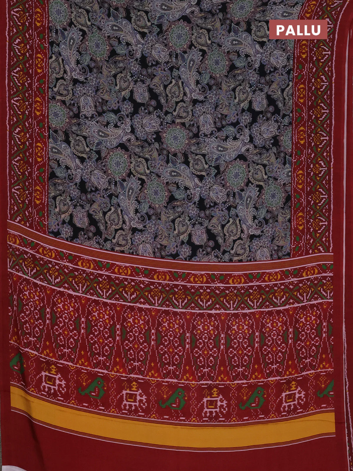 Semi crepe saree black and maroon with allover prints and printed border - Image 3