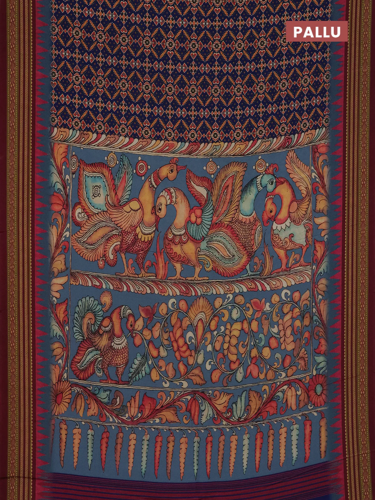 Semi crepe saree blue and maroon with allover ikat prints and printed border - Image 3