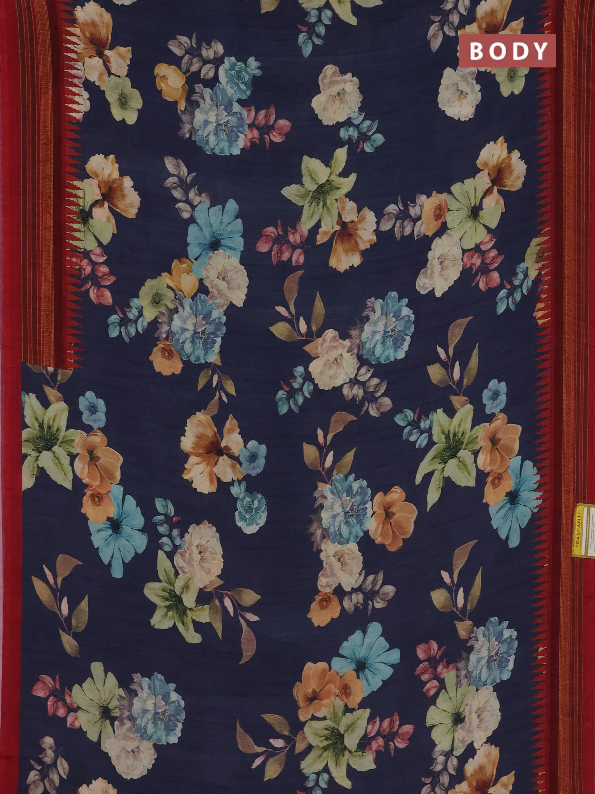 Semi crepe saree blue and maroon with floral digital prints and printed border - Image 2