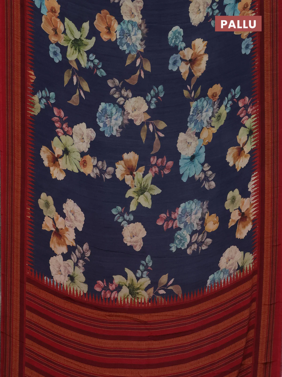 Semi crepe saree blue and maroon with floral digital prints and printed border - Image 3