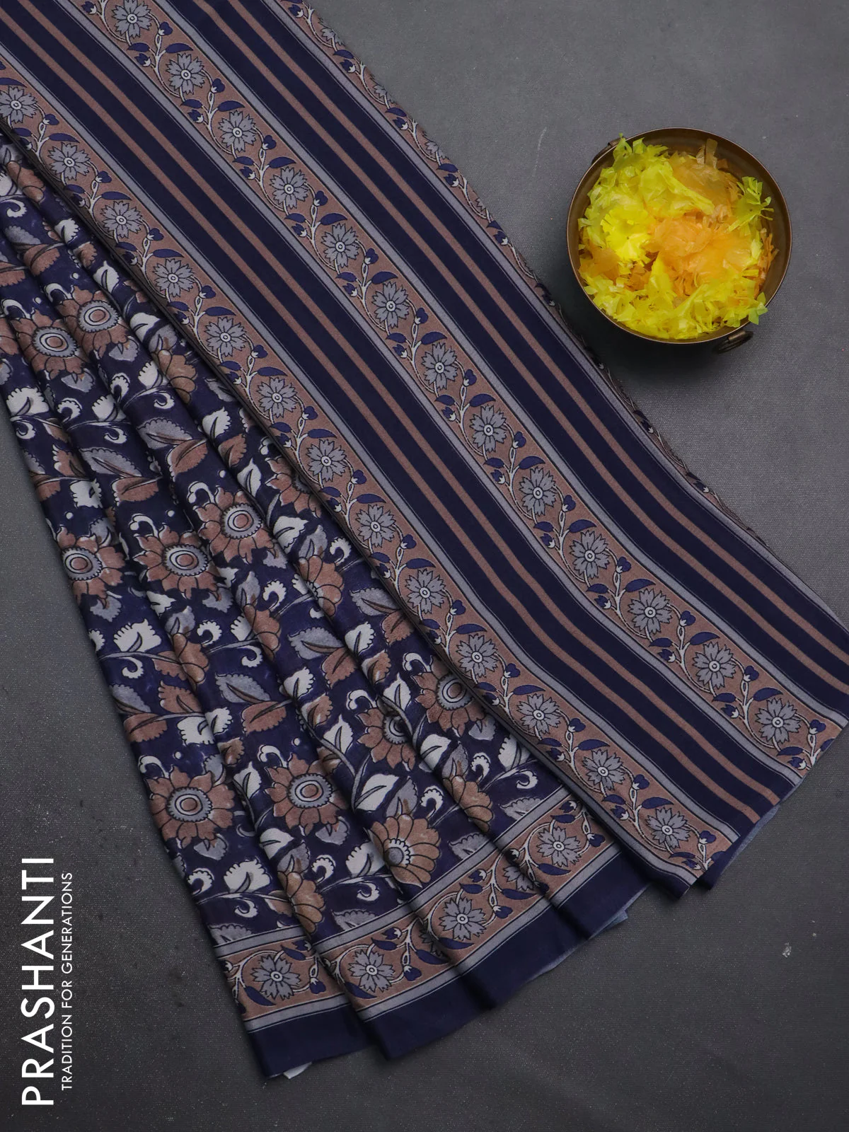 Semi crepe saree blue with allover kalamkari prints and printed border