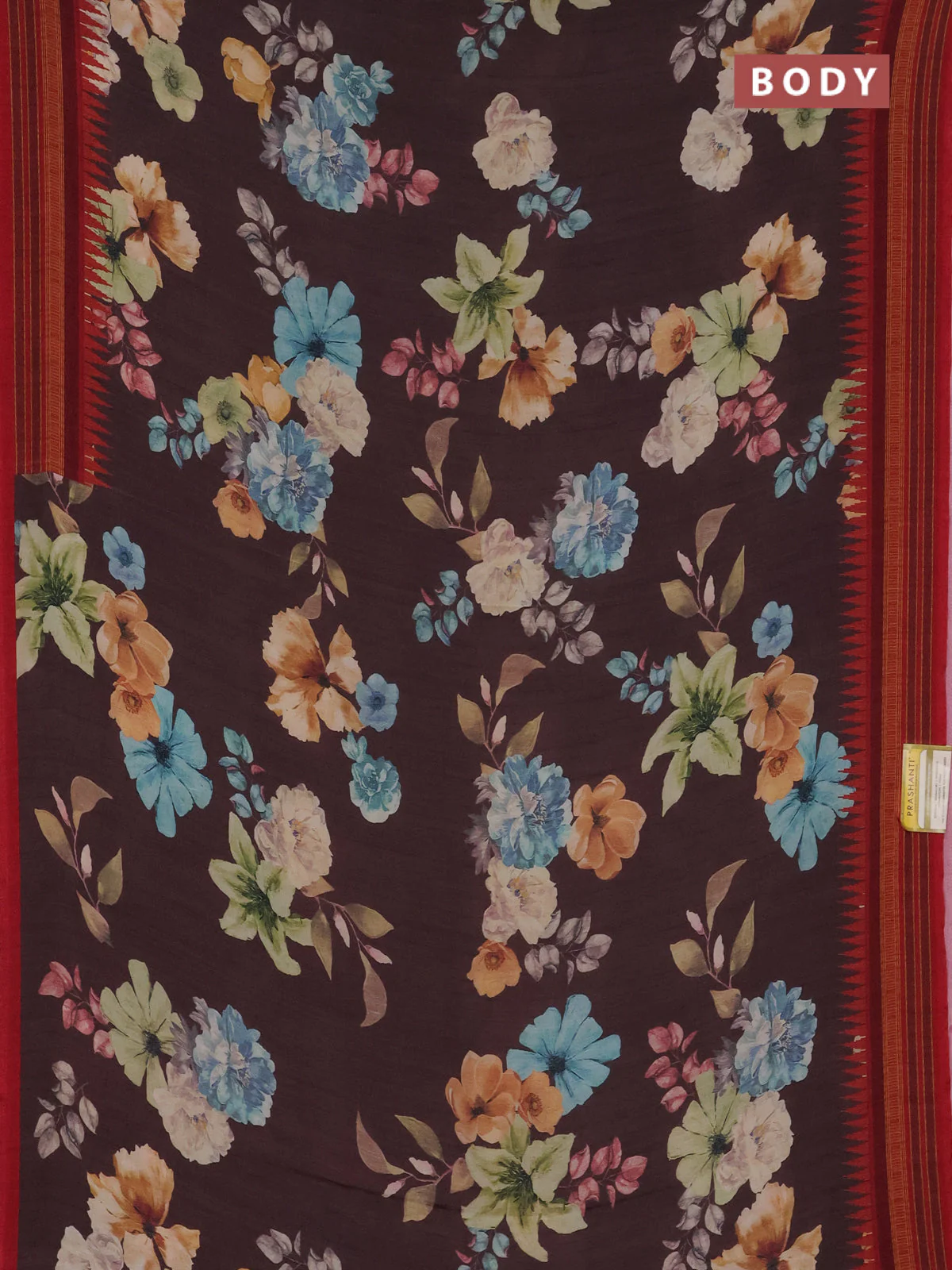 Semi crepe saree brown and red with floral digital prints and printed border - Image 2