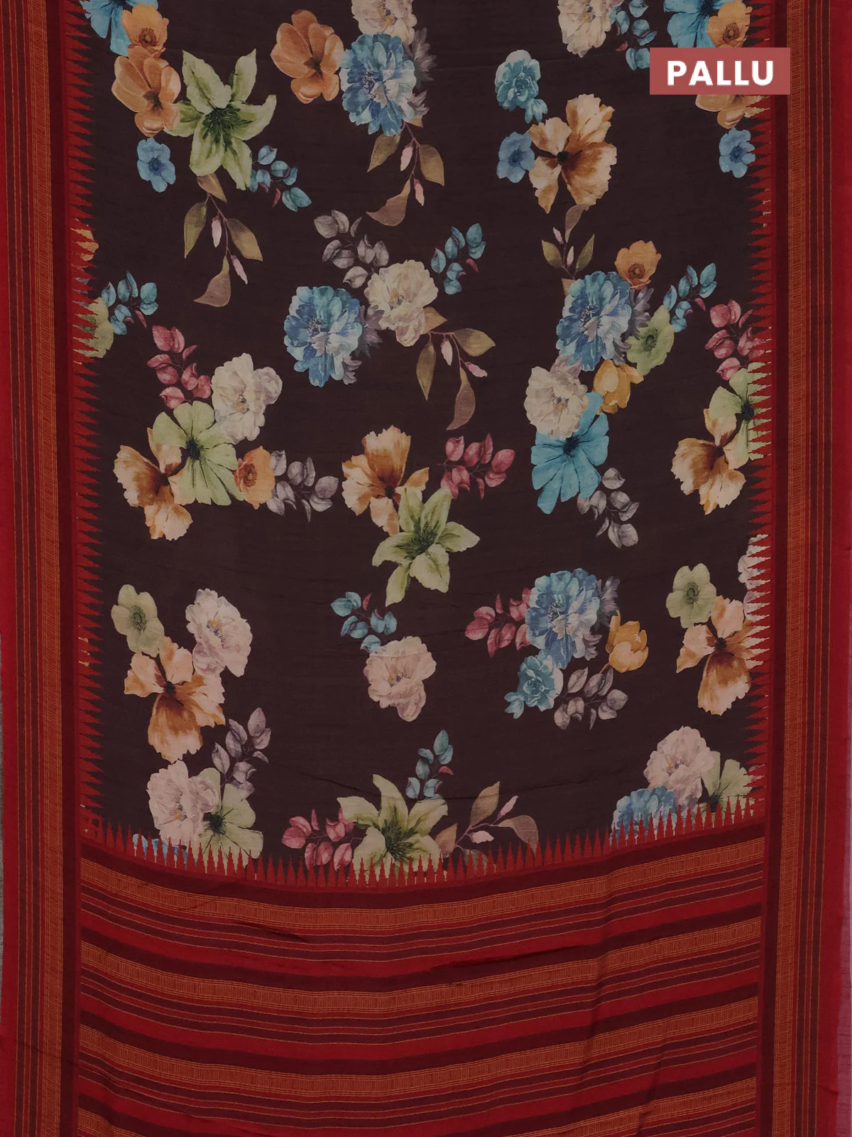 Semi crepe saree brown and red with floral digital prints and printed border - Image 3