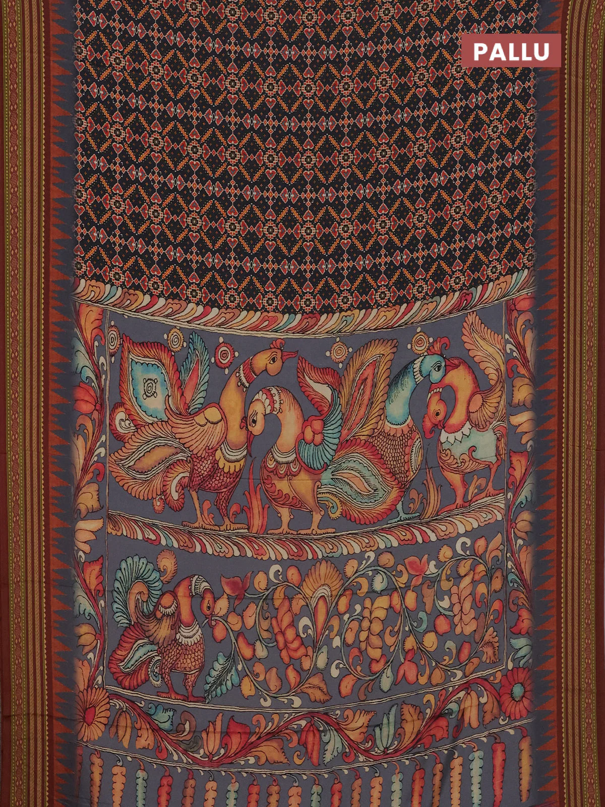 Semi crepe saree elephant grey and maroon with allover ikat prints and printed border - Image 3