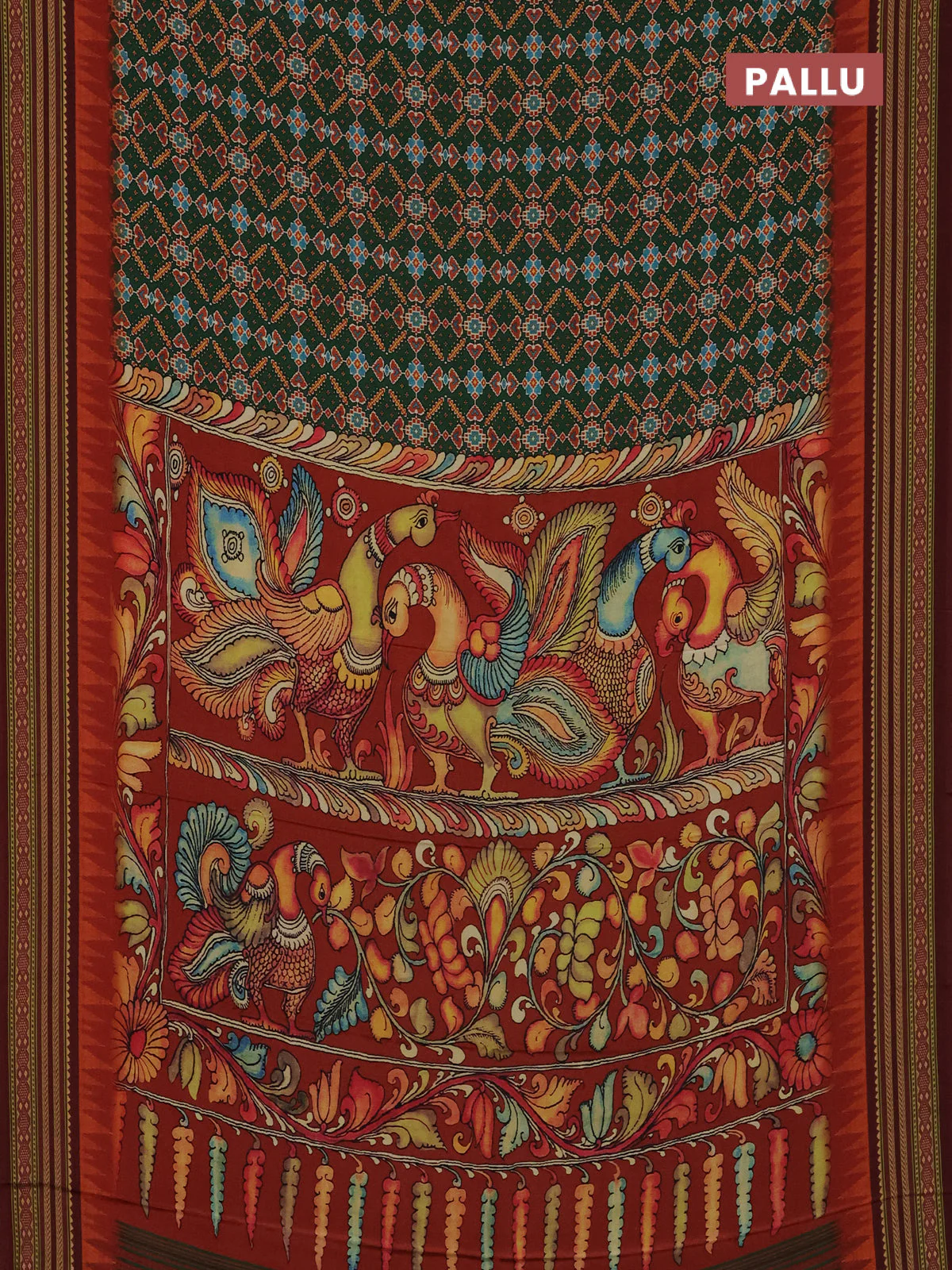 Semi crepe saree green and maroon with allover ikat prints and printed border - Image 3