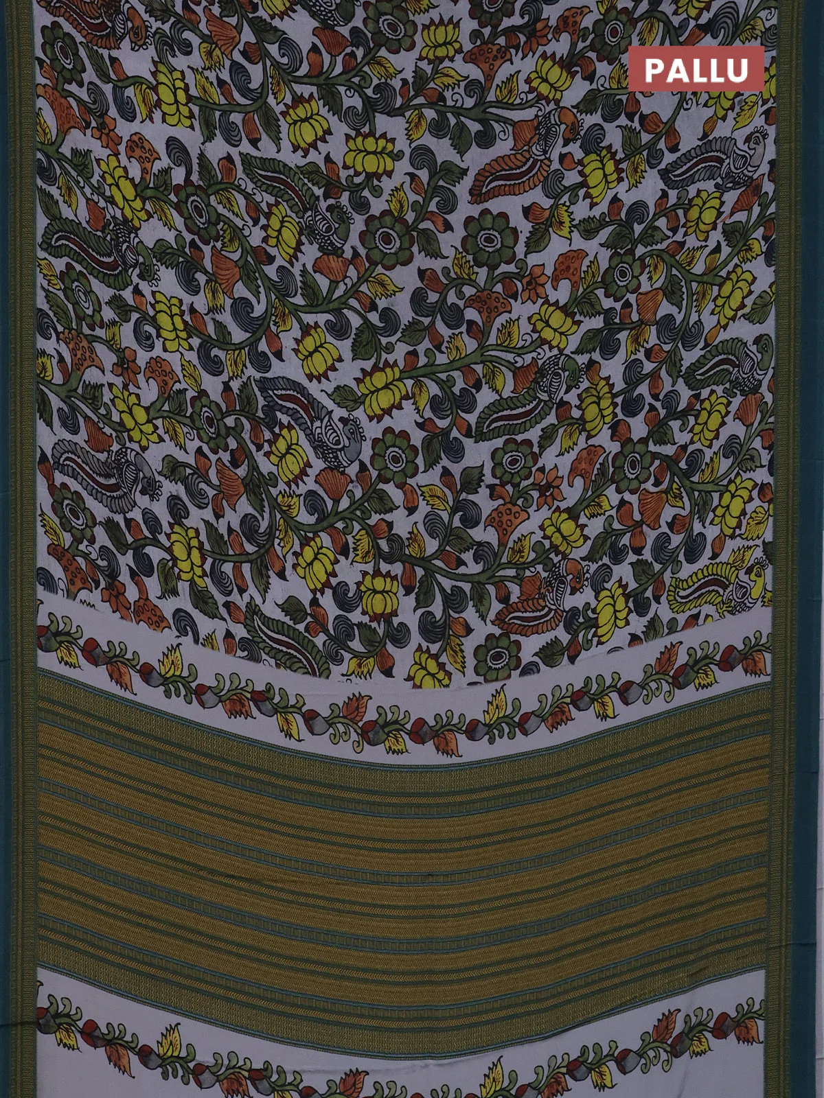 Semi crepe saree grey and peacock green with kalamkari prints and printed border - Image 3