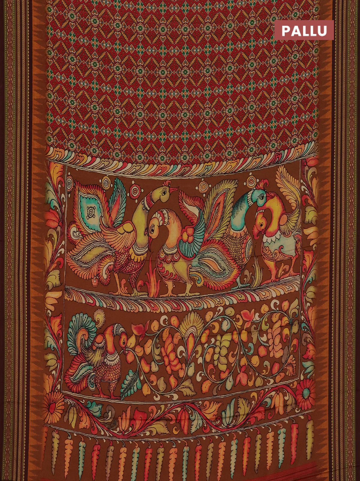 Semi crepe saree maroon and deep maroon with allover ikat prints and printed border - Image 3