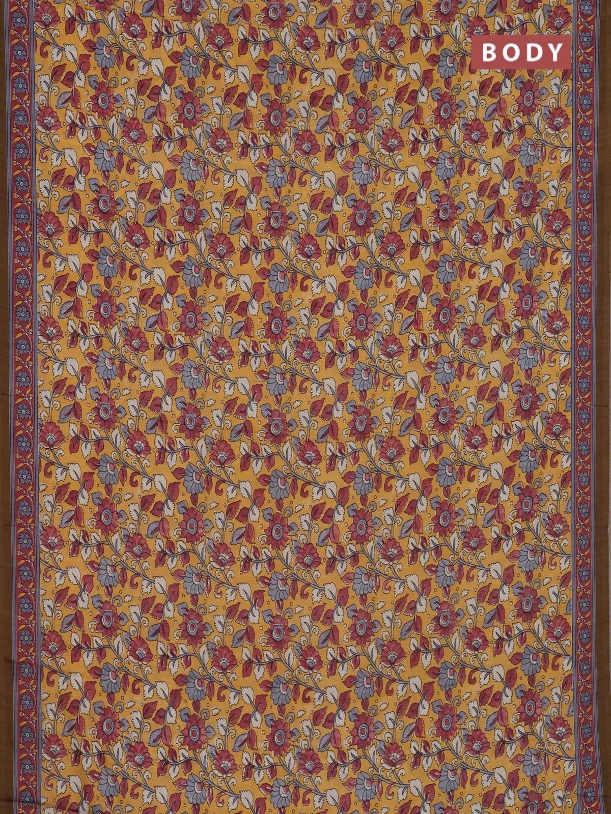 Semi crepe saree mustard yellow with allover kalamkari prints and printed border - Image 2