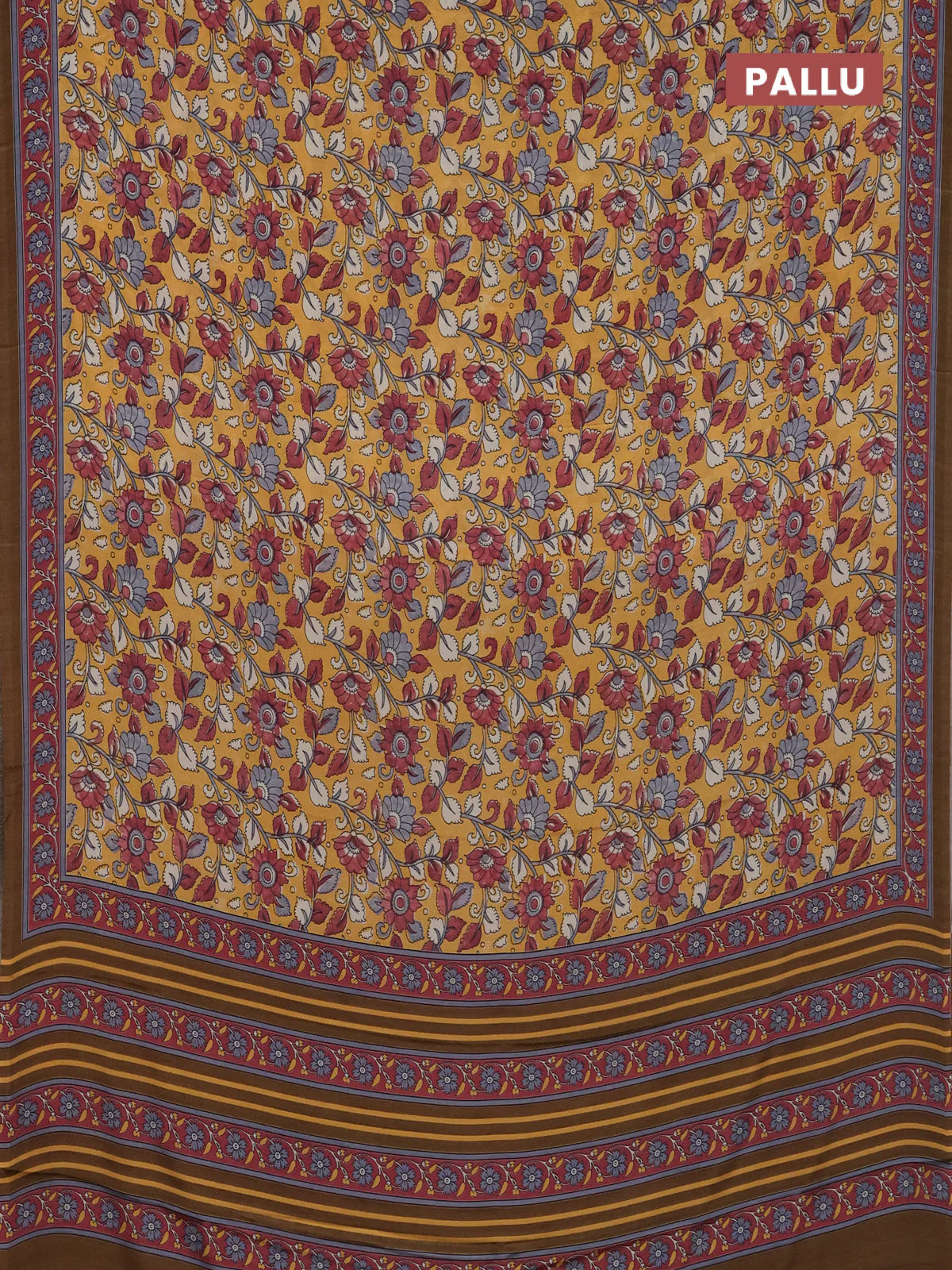 Semi crepe saree mustard yellow with allover kalamkari prints and printed border - Image 3